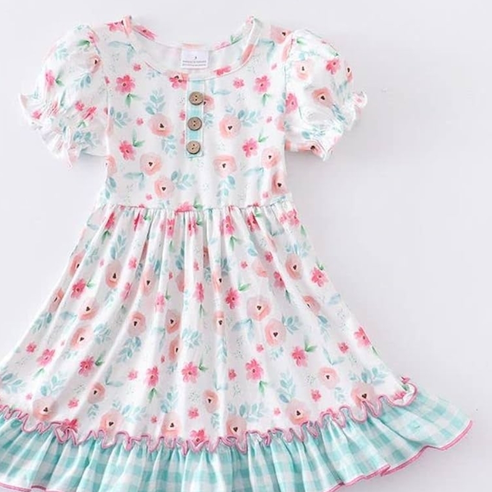 Pink and Green Puff Sleeve Sundress with Peter Pan Collar